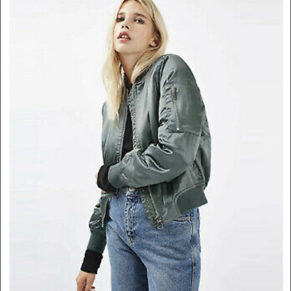 Topshop Bomber Jacket Blue Grey Satin Zip Front Size 4